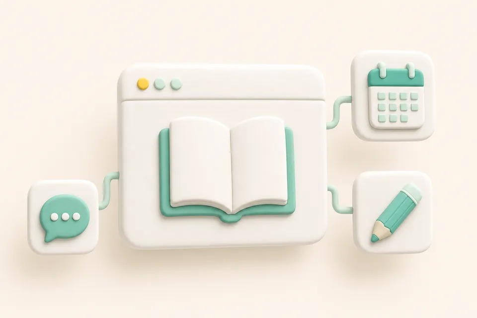 3D illustration of a browser window card marked with an open book, connected to calendar, pencil, and speech bubble cards, representing academy website creation