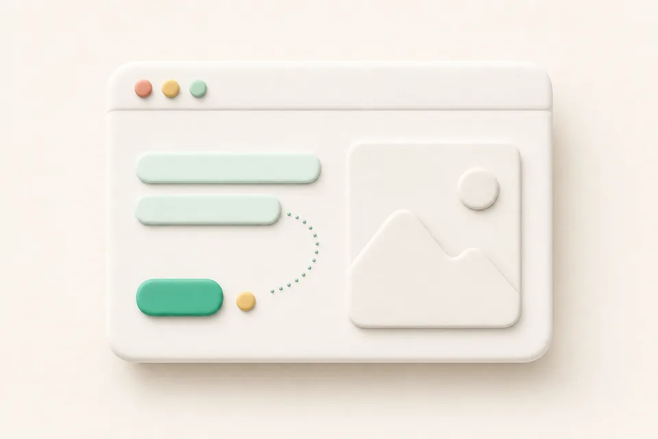 3D illustration of a browser's first screen card with a headline block, a button, and a visitor's gaze path